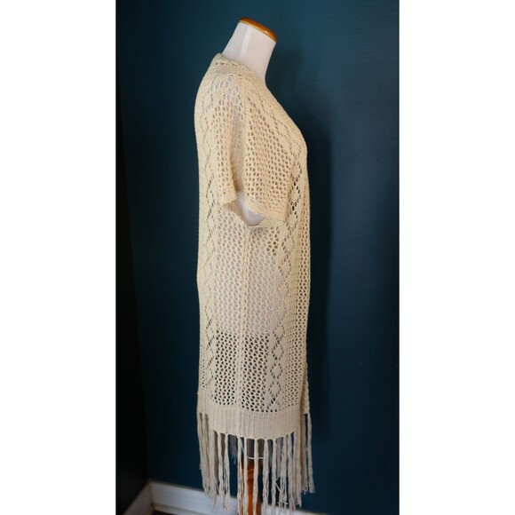 Alya Crochet Open Knit Fringe Long Cardigan Duster Coastal Boho Cottagecore M/L - Picture 7 of 11